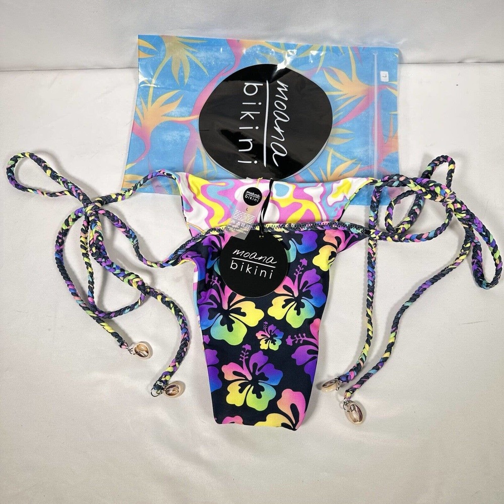 Moana Bikini Hot Tie Side Bottom Womens L Black Rainbow Hibiscus New